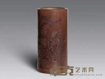 清中期 竹雕山水人物笔筒 高14cm